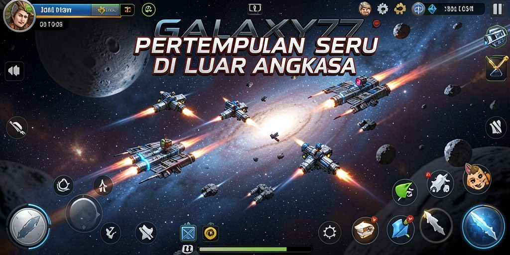 Tampilan gameplay GALAXY77 dengan aksi pertempuran seru di luar angkasa.