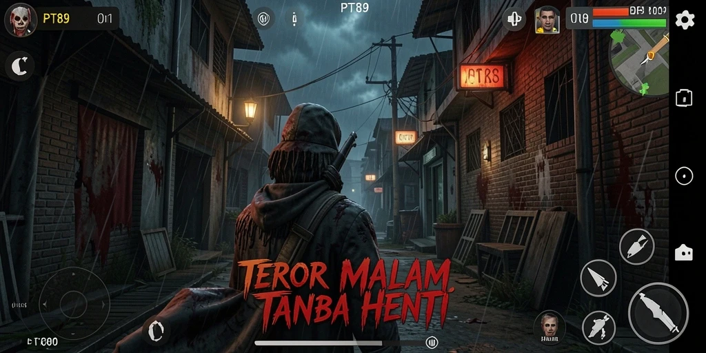 Screenshot gameplay PT89 dengan suasana menyeramkan dan karakter horor.