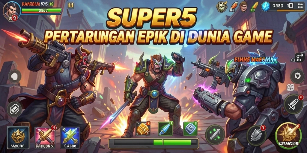 Gameplay intens SUPER5 dengan pertarungan epik antara karakter.